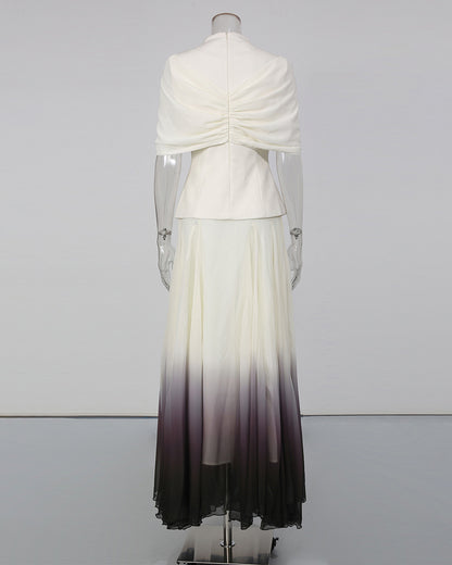 Pleated Cape Blazer Ombre Maxi Skirt Set