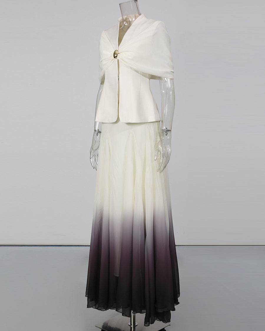 Pleated Cape Blazer Ombre Maxi Skirt Set