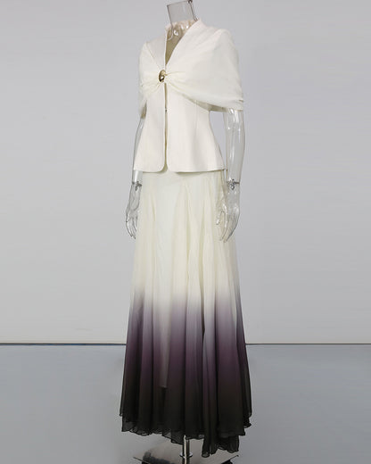Pleated Cape Blazer Ombre Maxi Skirt Set