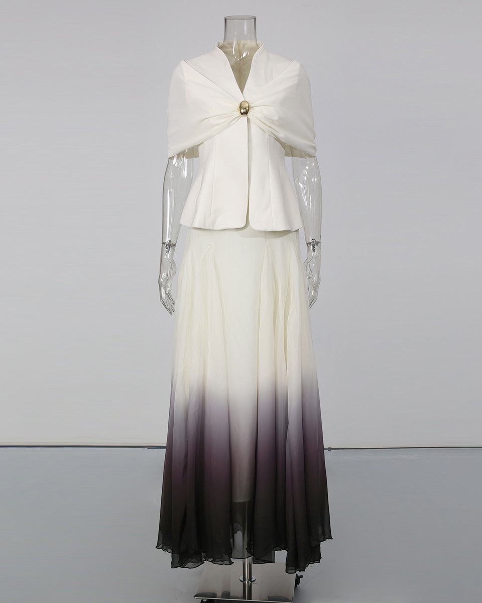 Pleated Cape Blazer Ombre Maxi Skirt Set