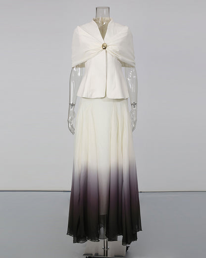 Pleated Cape Blazer Ombre Maxi Skirt Set