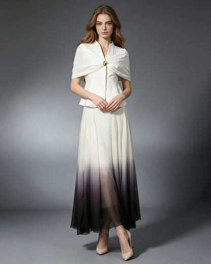 Pleated Cape Blazer Ombre Maxi Skirt Set