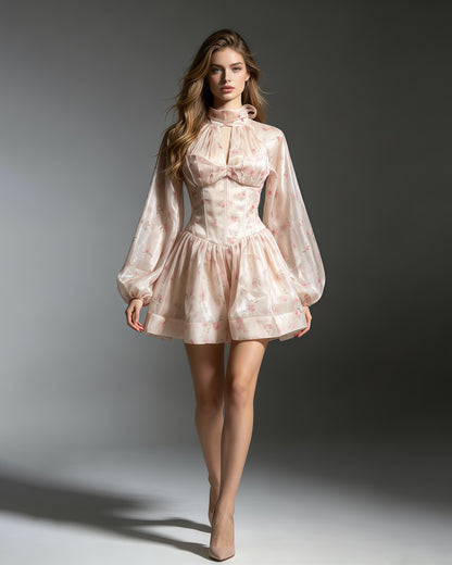 Print Corset Bodice Puff Sleeve Mini Dress