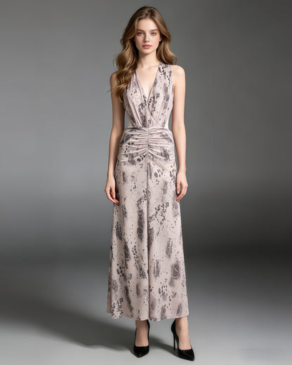 Print Halter Ruched Maxi Dress