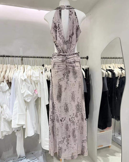 Print Halter Ruched Maxi Dress