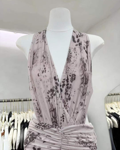 Print Halter Ruched Maxi Dress