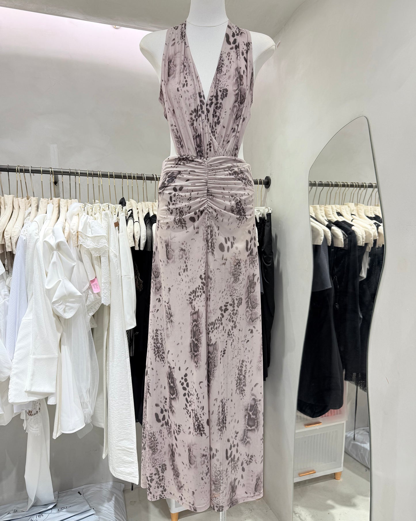 Print Halter Ruched Maxi Dress