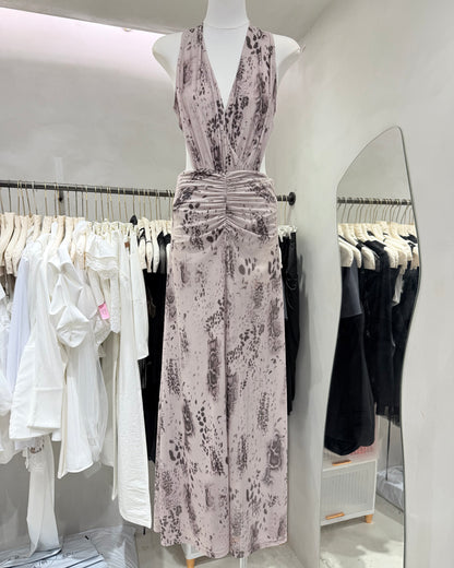 Print Halter Ruched Maxi Dress
