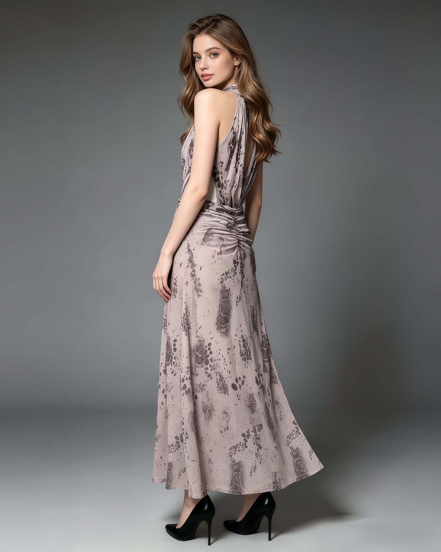 Print Halter Ruched Maxi Dress