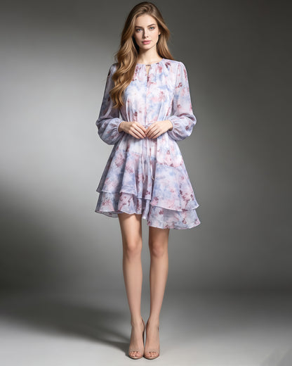Print Keyhole Neck Drawstring Waist Tiered Mini Dress