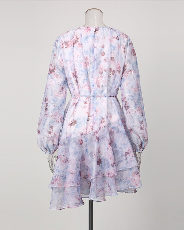 Print Keyhole Neck Drawstring Waist Tiered Mini Dress