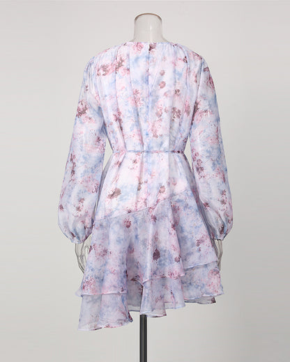 Print Keyhole Neck Drawstring Waist Tiered Mini Dress