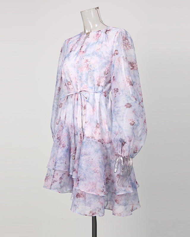 Print Keyhole Neck Drawstring Waist Tiered Mini Dress