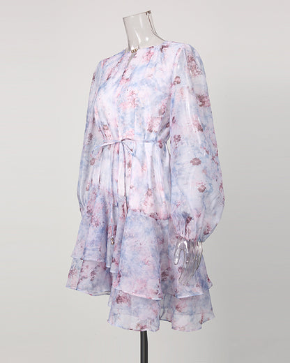 Print Keyhole Neck Drawstring Waist Tiered Mini Dress