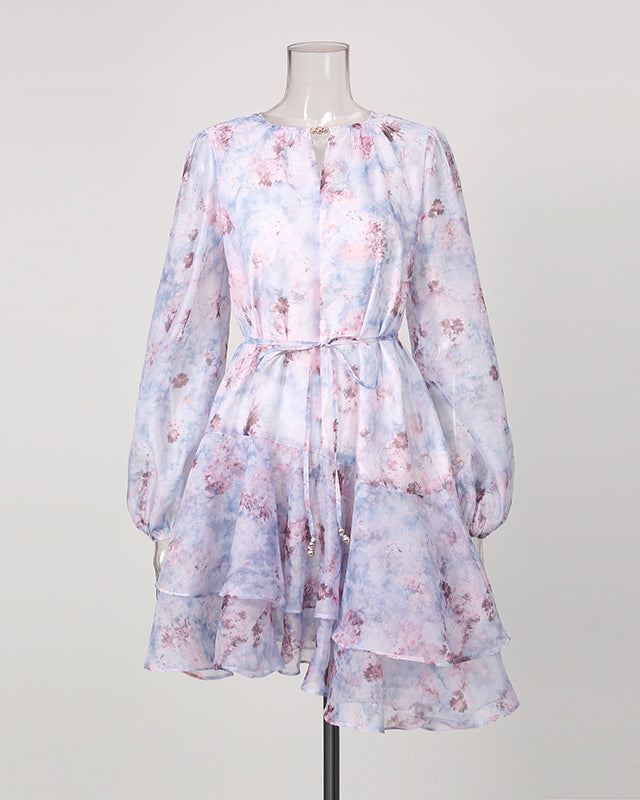 Print Keyhole Neck Drawstring Waist Tiered Mini Dress