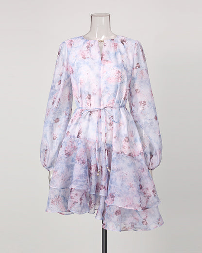 Print Keyhole Neck Drawstring Waist Tiered Mini Dress