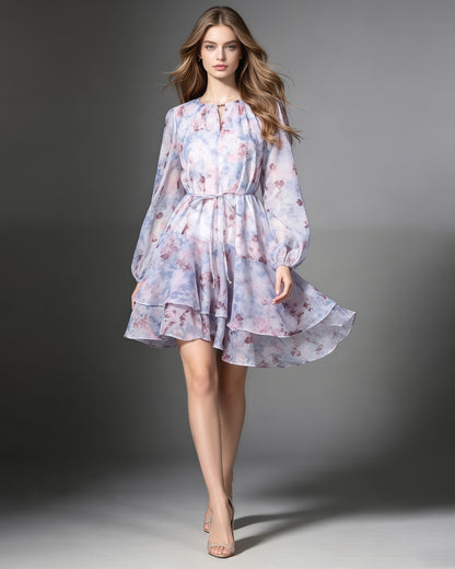 Print Keyhole Neck Drawstring Waist Tiered Mini Dress