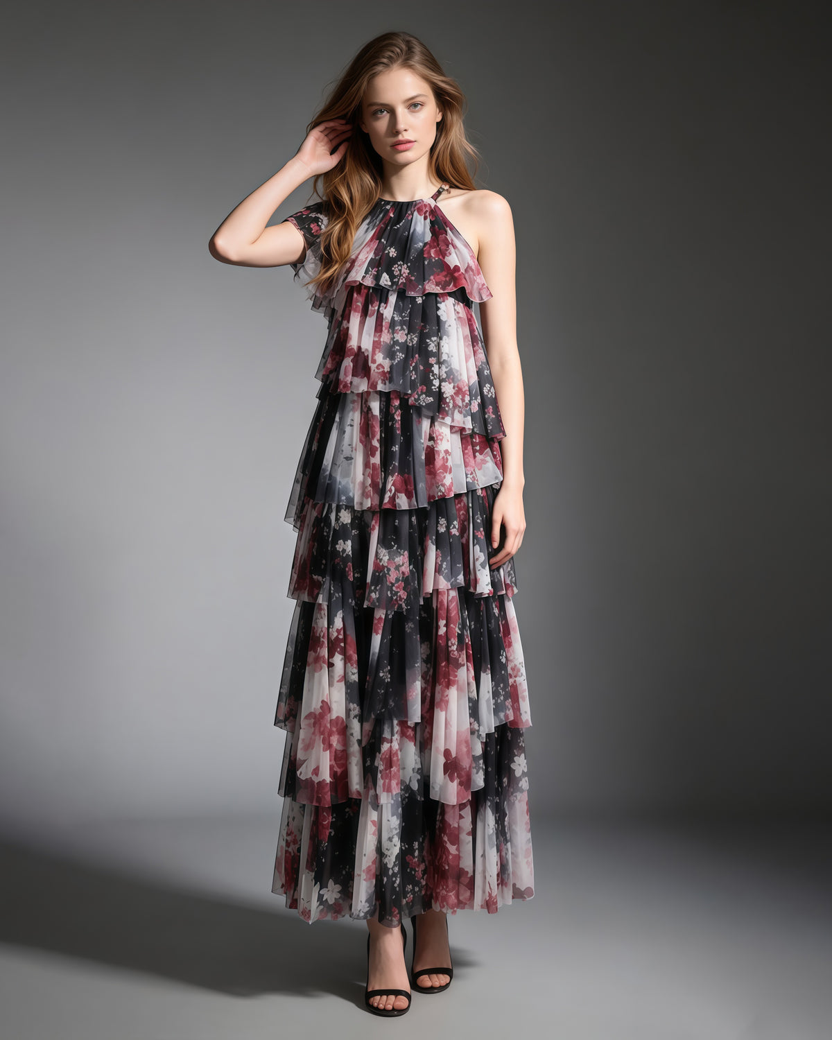 Print Multi-Layer Ruffle Maxi Dress