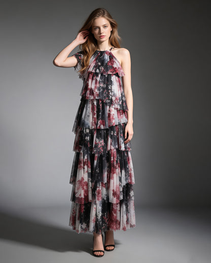 Print Multi-Layer Ruffle Maxi Dress