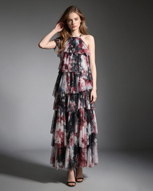 Print Multi-Layer Ruffle Maxi Dress