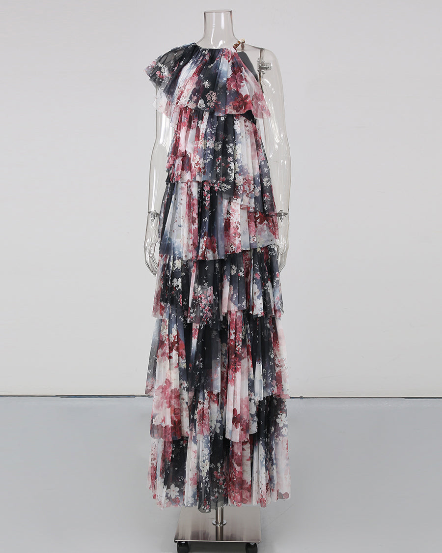 Print Multi-Layer Ruffle Maxi Dress