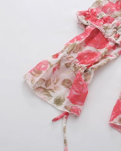 Print Off‑Shoulder Tiered Ruffle Long Sleeve Top