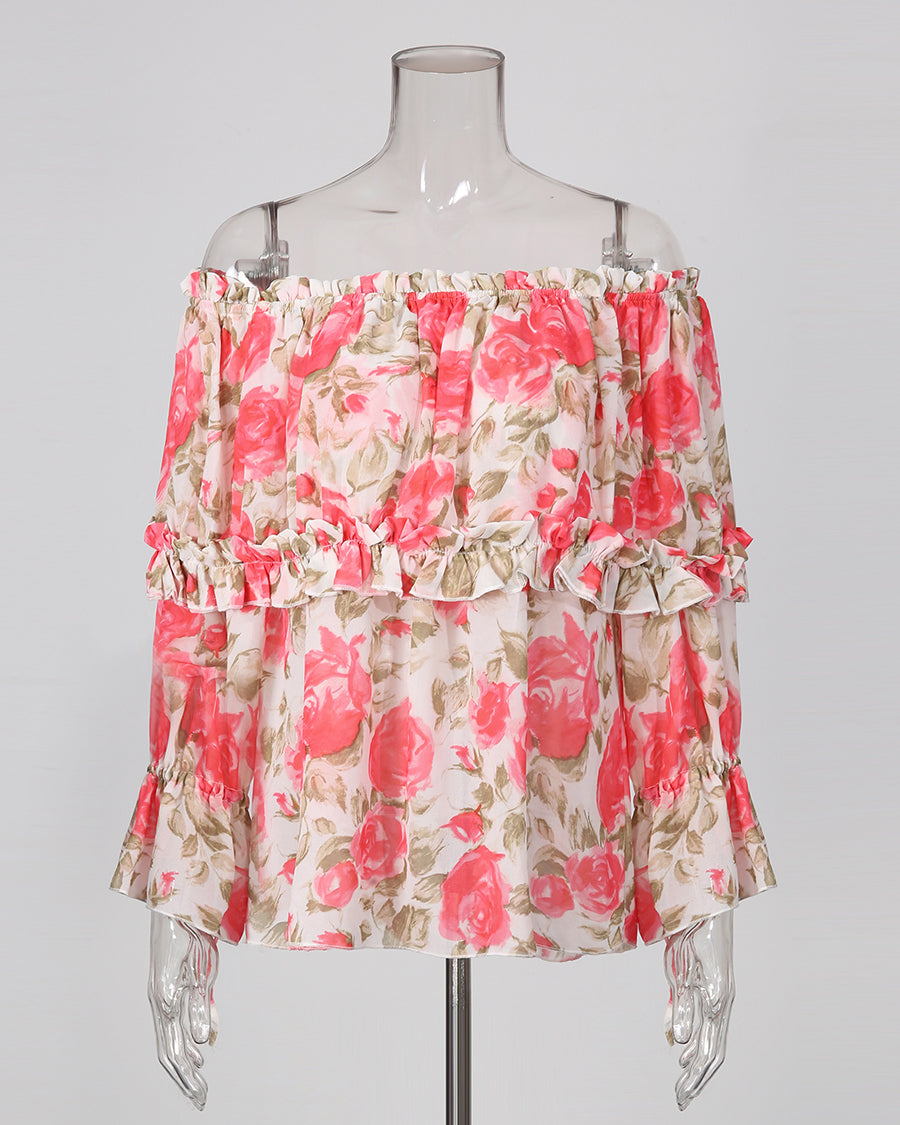 Print Off‑Shoulder Tiered Ruffle Long Sleeve Top