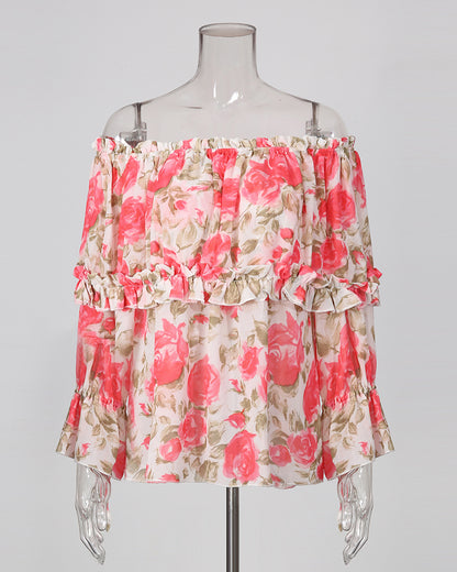 Print Off‑Shoulder Tiered Ruffle Long Sleeve Top