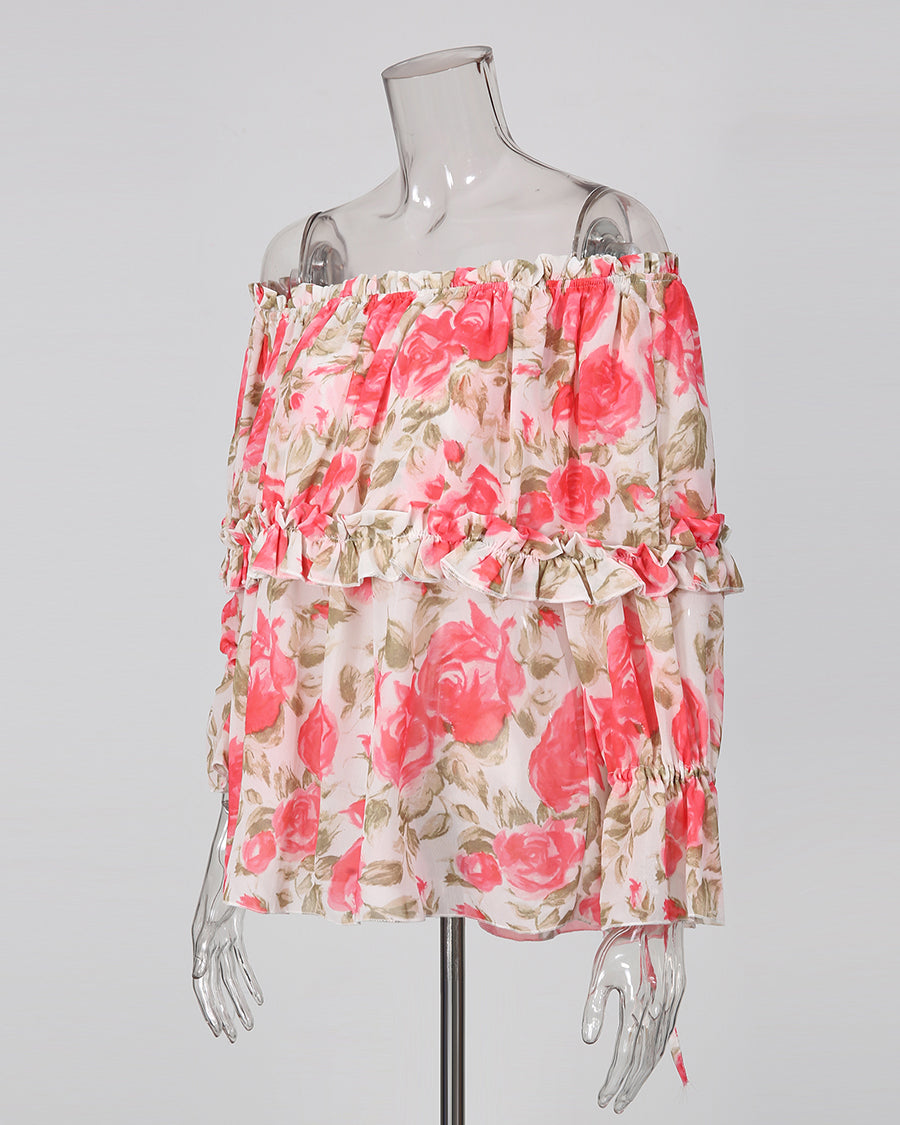 Print Off‑Shoulder Tiered Ruffle Long Sleeve Top