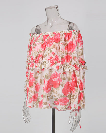 Print Off‑Shoulder Tiered Ruffle Long Sleeve Top