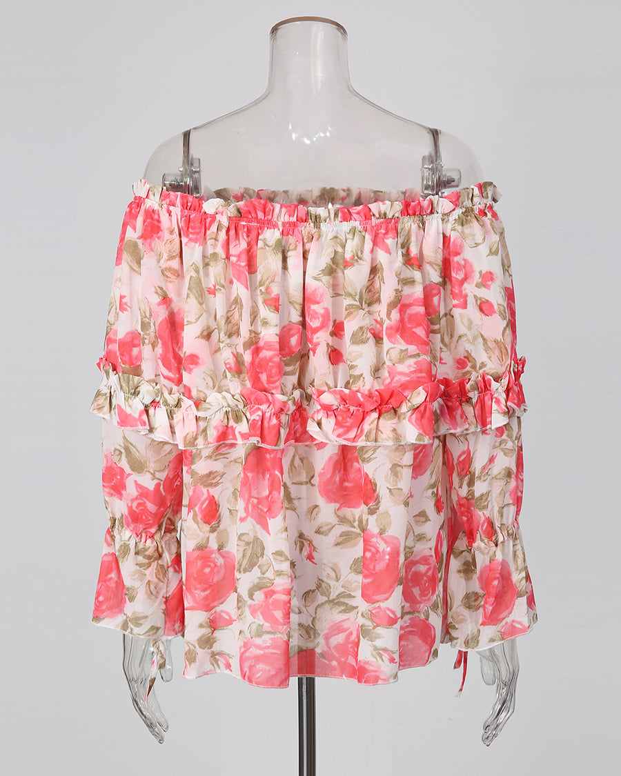 Print Off‑Shoulder Tiered Ruffle Long Sleeve Top