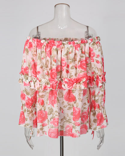Print Off‑Shoulder Tiered Ruffle Long Sleeve Top