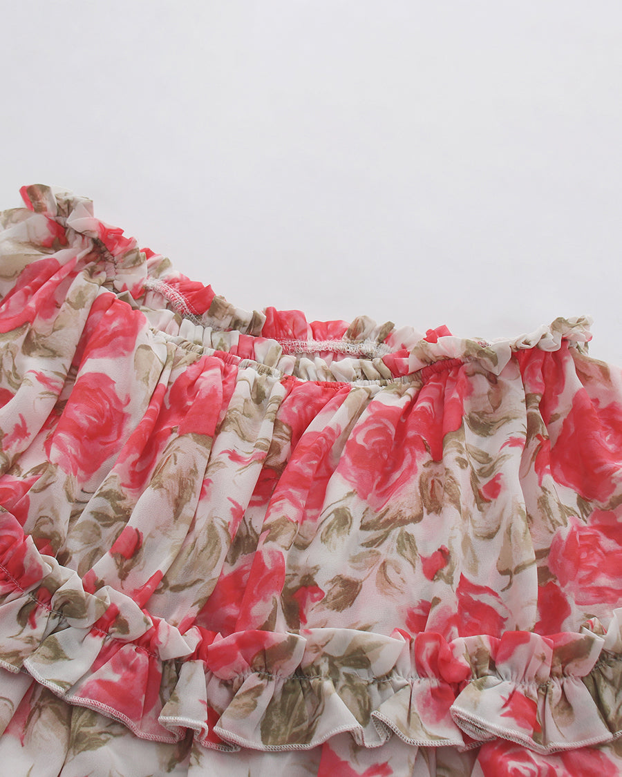 Print Off‑Shoulder Tiered Ruffle Long Sleeve Top