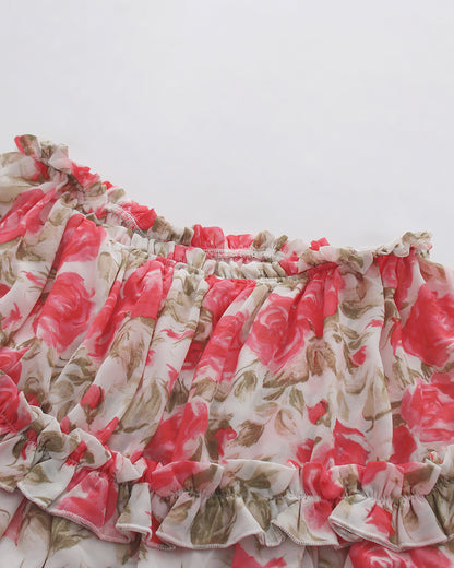 Print Off‑Shoulder Tiered Ruffle Long Sleeve Top