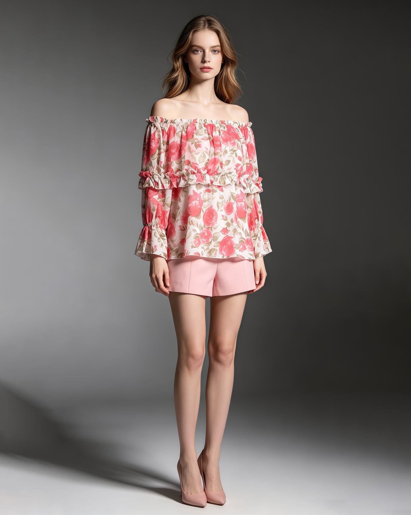 Print Off‑Shoulder Tiered Ruffle Long Sleeve Top