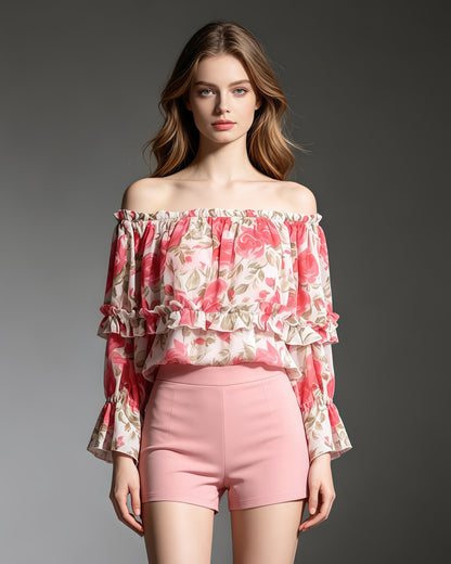 Print Off‑Shoulder Tiered Ruffle Long Sleeve Top