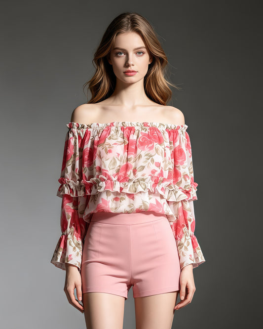 Print Off‑Shoulder Tiered Ruffle Long Sleeve Top