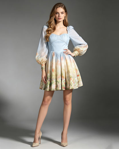 Print Puff Sleeve Sweetheart Neck Mini Dress