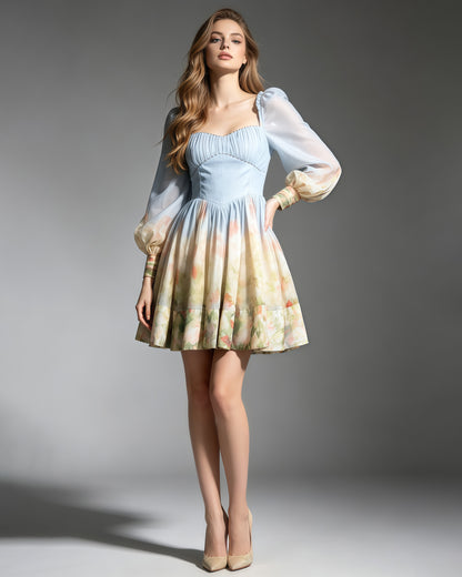 Print Puff Sleeve Sweetheart Neck Mini Dress