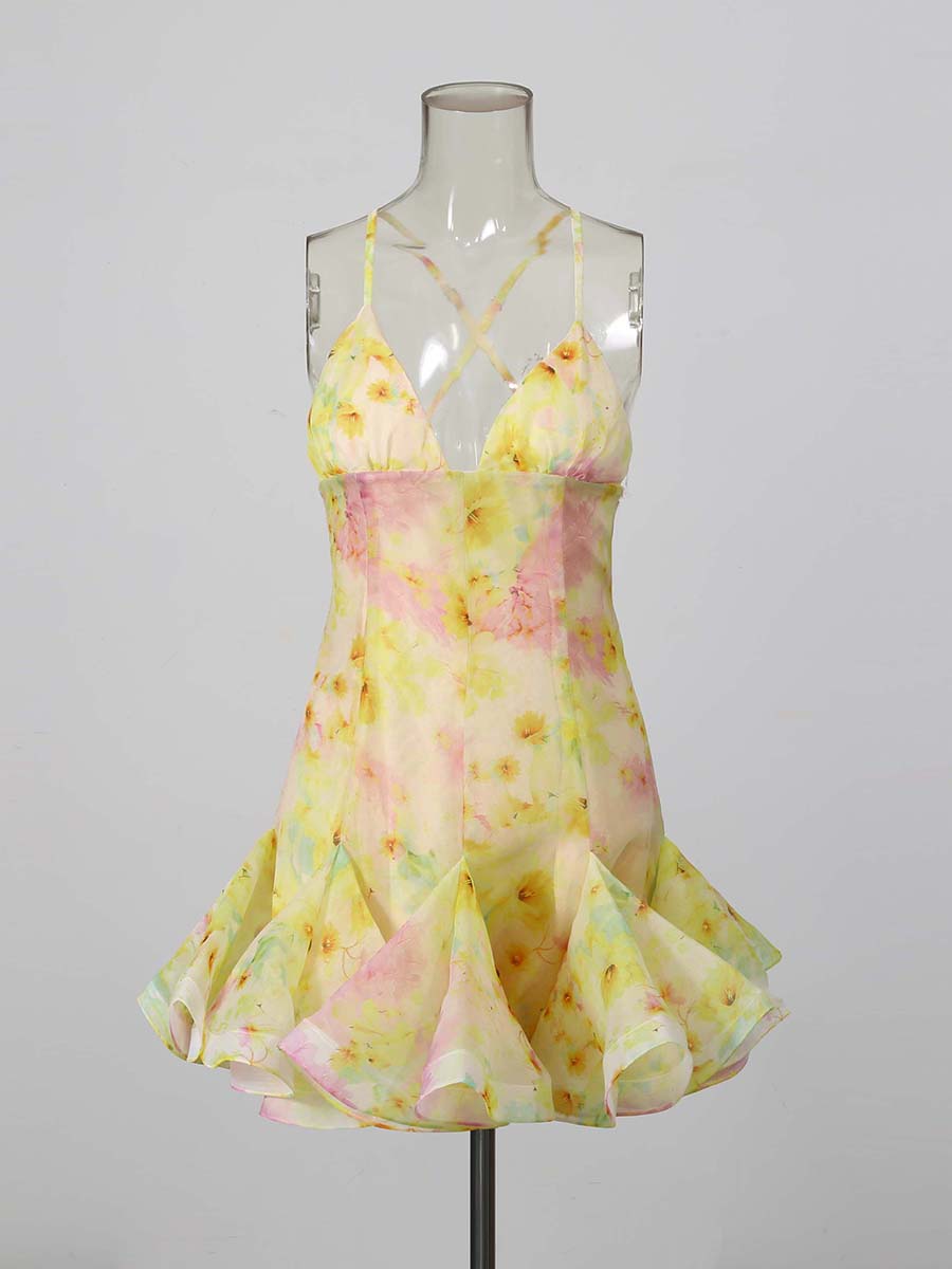 Print Spaghetti Strap V-Neck Ruffle Hem Mini Dress