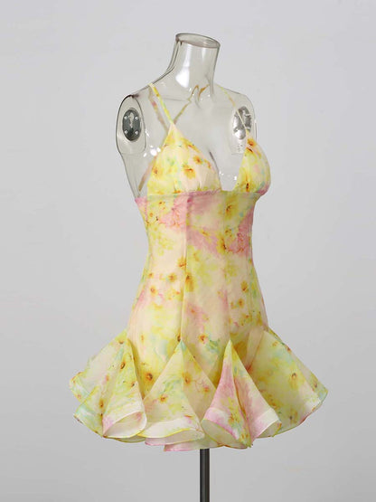 Print Spaghetti Strap V-Neck Ruffle Hem Mini Dress