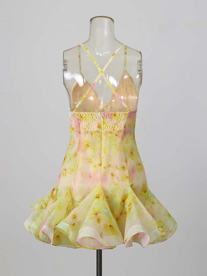 Print Spaghetti Strap V-Neck Ruffle Hem Mini Dress