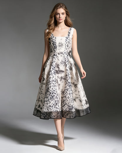 Print Square Neck Sleeveless A‑Line Midi Dress
