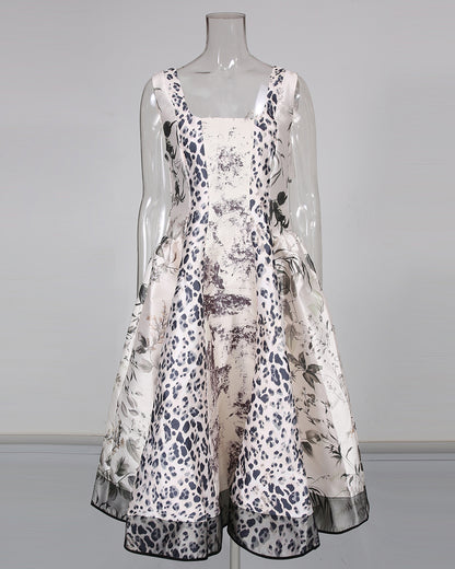 Print Square Neck Sleeveless A‑Line Midi Dress