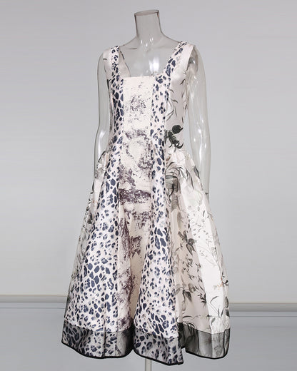 Print Square Neck Sleeveless A‑Line Midi Dress