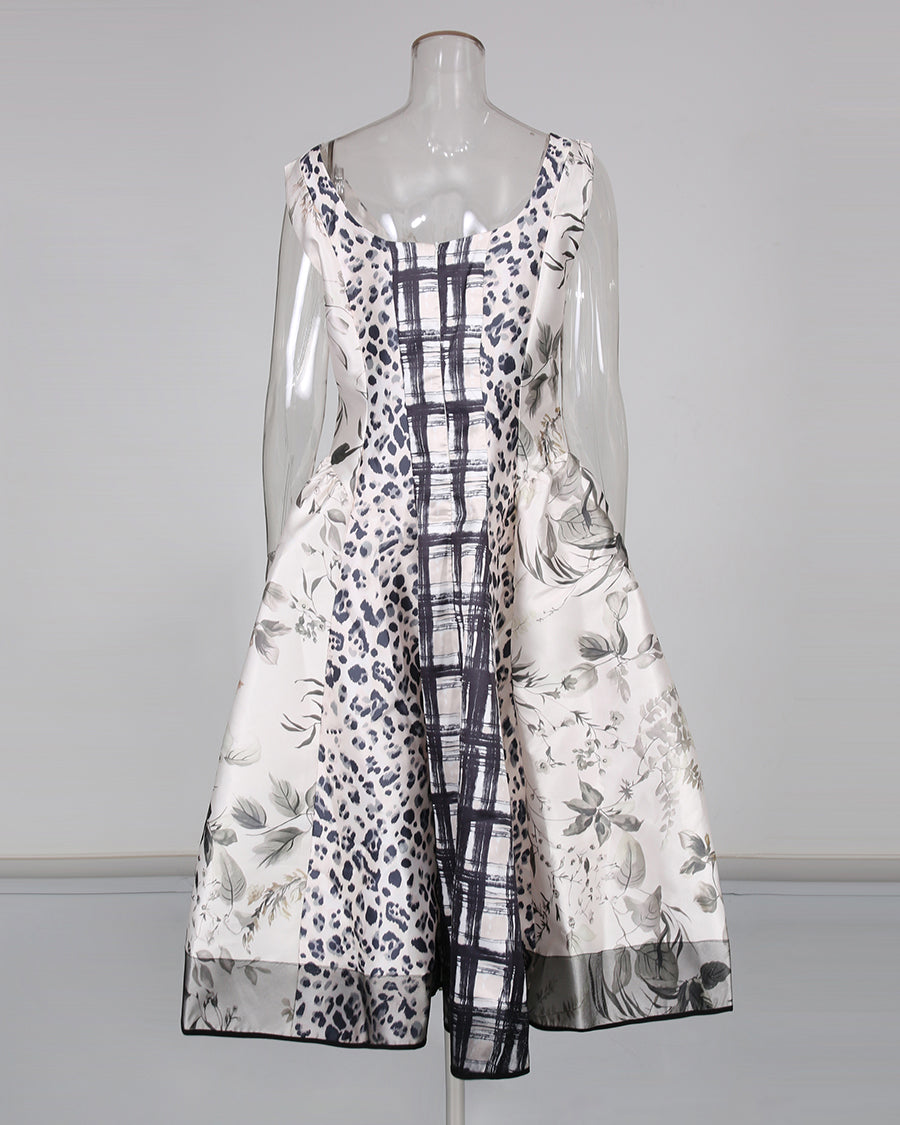 Print Square Neck Sleeveless A‑Line Midi Dress