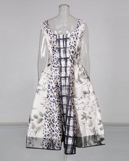 Print Square Neck Sleeveless A‑Line Midi Dress