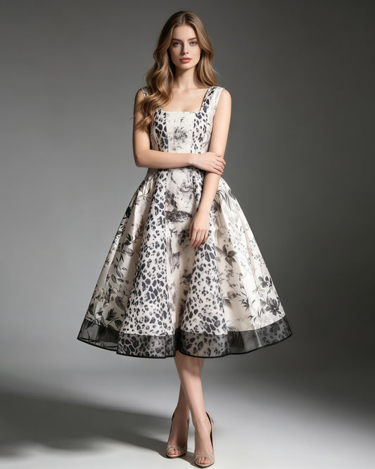Print Square Neck Sleeveless A‑Line Midi Dress