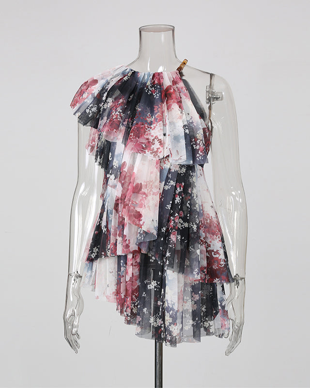 Print Strapless Multi-Layer Mesh Ruffle Top