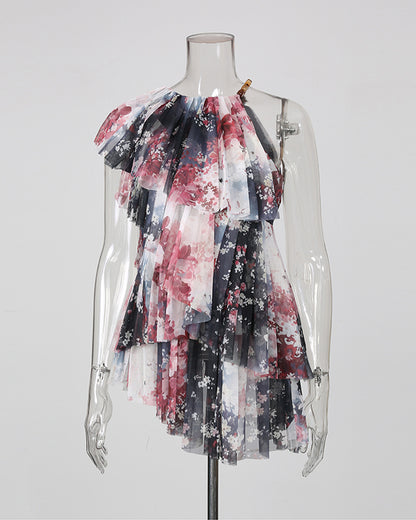 Print Strapless Multi-Layer Mesh Ruffle Top